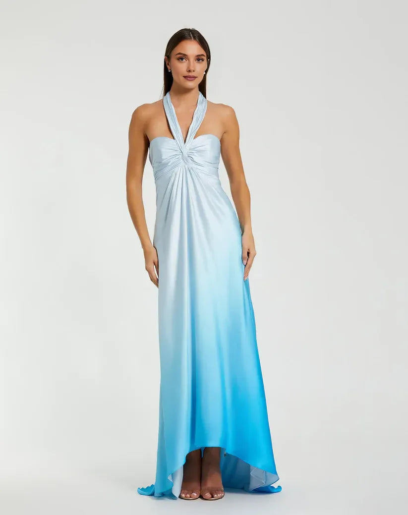 Gradient A-Line Halter Neck Sleeveless Backless Asymmetrical-Length Prom Dress